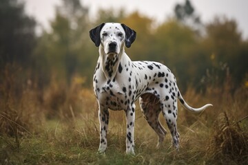 Dalmatian dog standing in autumn field. Selective focus. AI Generated