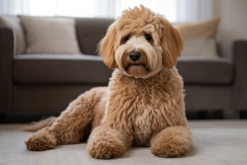 Australian Labradoodle sitting on the carpet in the living room, closeup AI Generated