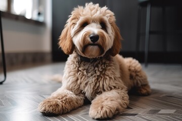 Cute poodle sitting on the floor in the living room. AI Generated