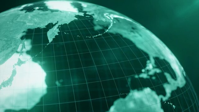 4k Seamless loop video of glowing and Futuristic rotating animation of earth globe in close up shoot on left side, Business and Technology blue green Background