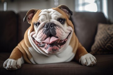 English bulldog sitting on a sofa in the living room at home AI Generated