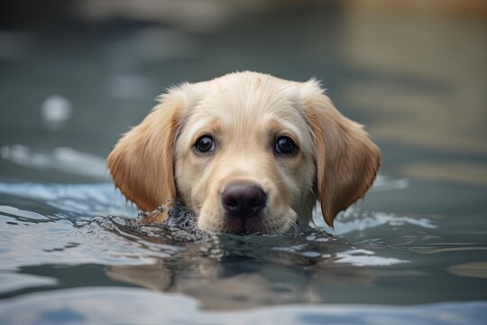 golden retriever puppy swimming in a pool, shallow dof AI Generated