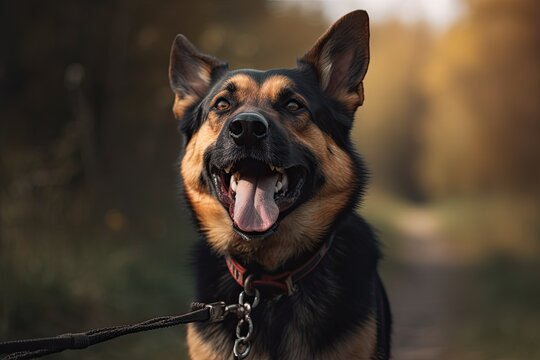 German shepherd dog on a leash on a walk in the autumn forest AI Generated