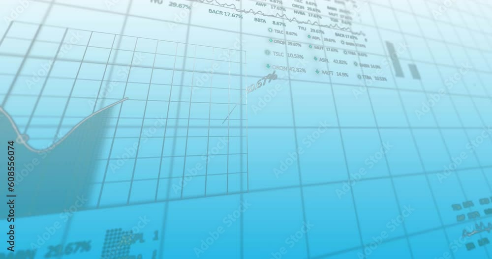 Poster Animation of trading boards and multiple graphs over grid pattern against blue background