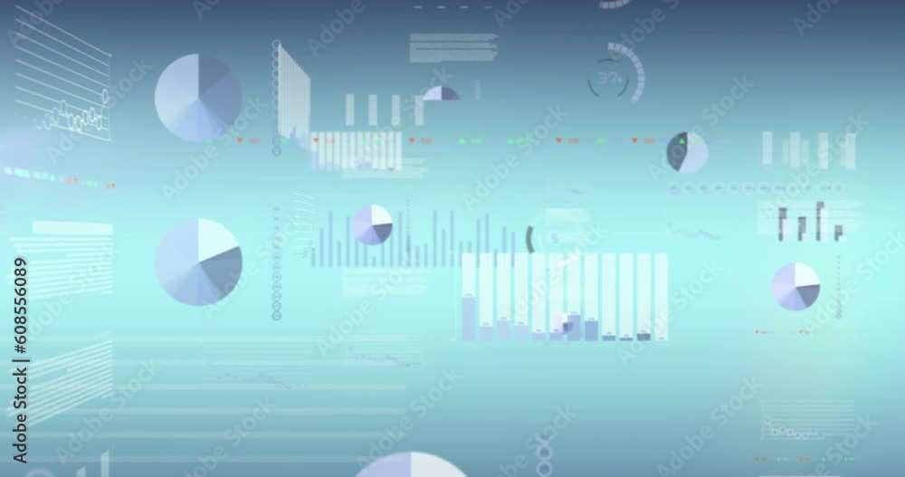Poster animation of loading circles, graphs and trading board against blue background