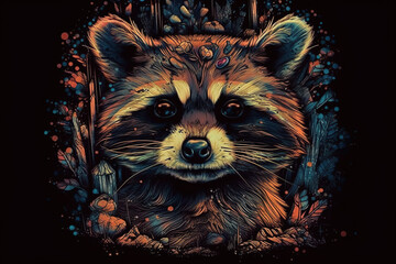 Image of a raccoon head with beautiful bright colors on a dark background. Wildlife Animals. Illustration, generative AI.