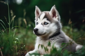 Obraz premium Siberian Husky puppy lying in the grass and looking at the camera, Cute Siberian husky puppy sitting in the green field, Ai generated