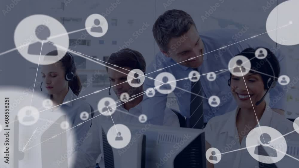 Poster animation of connected icons over manager assisting customer service agents in office