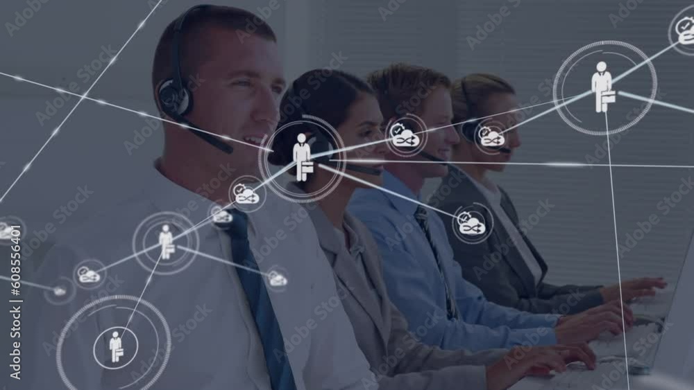 Poster animation of connected icons over diverse customer representatives talking with customers in office
