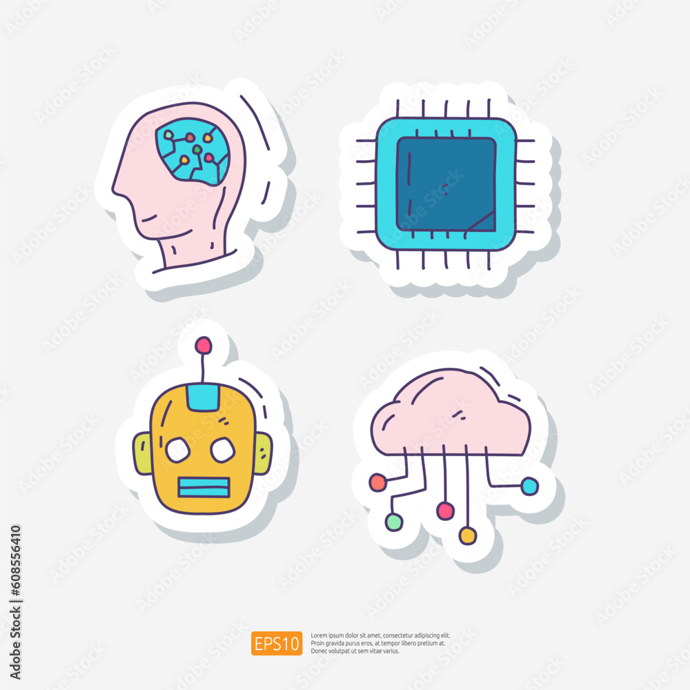 Aufkleber artificial intelligence ai concept with circuit board data, android robot and brains chip for engine