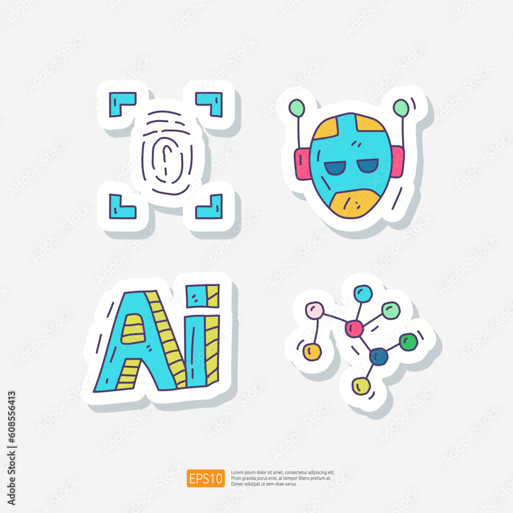 Aufkleber artificial intelligence ai. finger print recognition, android robot head, algorithm. data filter or 