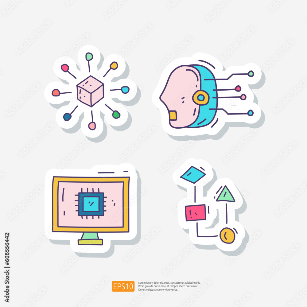 Poster artificial intelligence ai concept with circuit board data, android robot and brains chip for engine