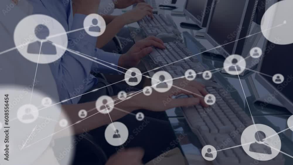 Poster animation of connected icons over caucasian customer representatives working on computer in office