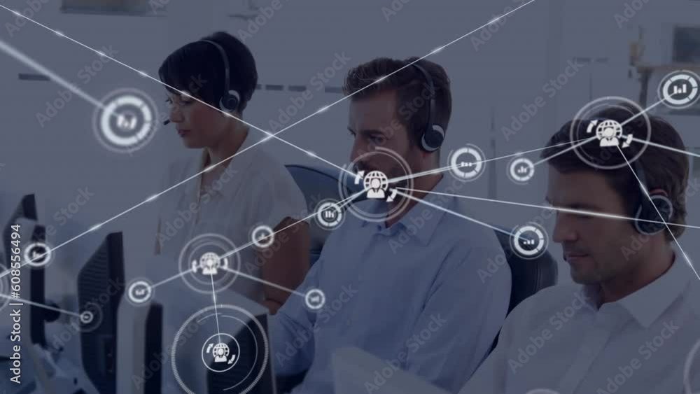 Poster animation of connected icons over diverse customer representatives working on computer in office