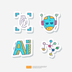 Artificial intelligence AI. finger print recognition, android robot head, algorithm. data filter or analysis for engineering, brainstorming sign. Hand drawn doodle sticker icon set vector illustration
