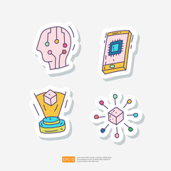 Artificial intelligence AI. circuit board and brain, chip structure on smartphone, idea box, algorithm filter or analysis. data engineering, brainstorming. doodle sticker icon set vector illustration