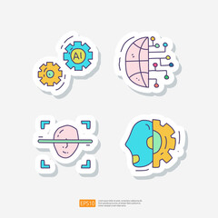 Artificial intelligence AI gear machine COG. algorithm filter analysis, face recognition, android robot head. data engineering, brainstorming. Hand drawn doodle sticker icon set vector illustration