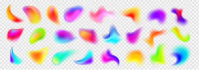Holographic abstract blur spot. Vector 3d chameleon y2k aura shape gradient texture. Soft geometric blend graphic design isolated set. Bright fluid paint colorful blurry dynamic brush stroke glow