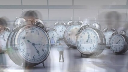 Animation of businessman looking at alarm clocks over time-lapse of people walking against city - Powered by Adobe