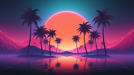 Naklejka na ściany i meble A beautiful sunset with palm trees and mountains in the background. Generative ai