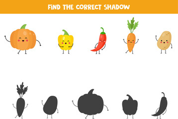 Find shadows of cute kawaii vegetables. Educational logical game for kids.