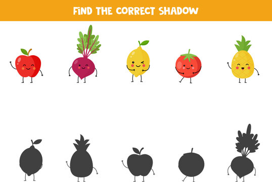 Find shadows of cute kawaii vegetables and fruits. Educational logical game for kids.