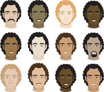 Vector Illustration of 12 different Curly Afro Men Faces.
