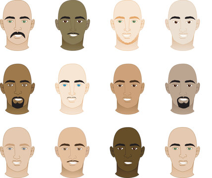 Vector Illustration of 12 different Bald Men Faces.
