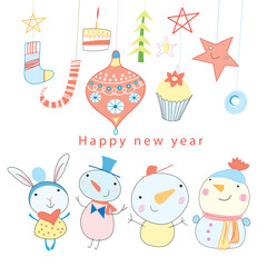 Bright graphics card with Christmas toys and snowmen on white