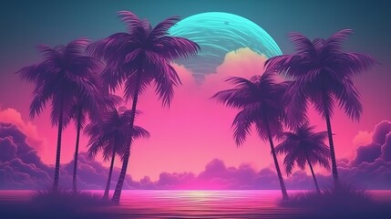 A beautiful sunset with palm trees in the foreground. Generative ai