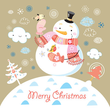a bright new year card with snowmen and birds in the background with clouds and Christmas trees © Designpics