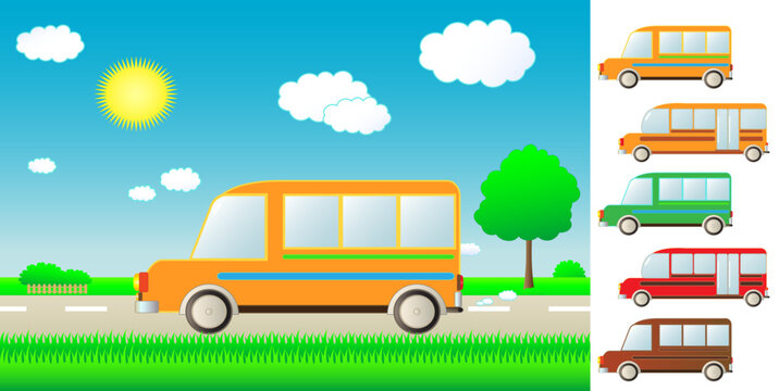 set cute cartoon bus on summer road