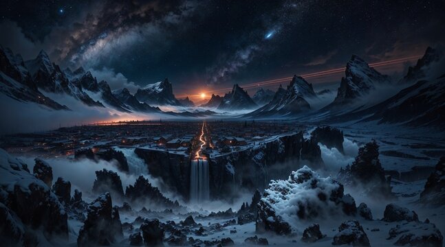 Dawn at High City of The Snow Mountains.
A the brink of dawn, a vast city is situated in the middle of this snowy mountain valley.
