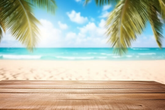Product presentation in nature. Tropical fine sandy beach with blurred sea sun sky on empty old nature wooden table abstract summer relaxation background. generative ai