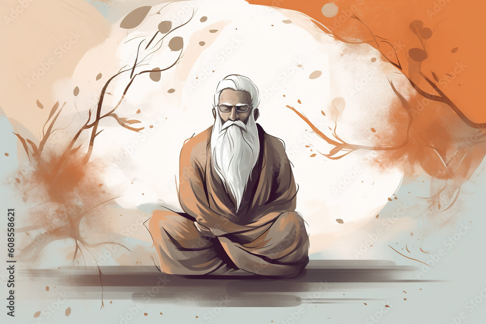 Poster a man with a white beard sitting in front of a full moon. generative ai.