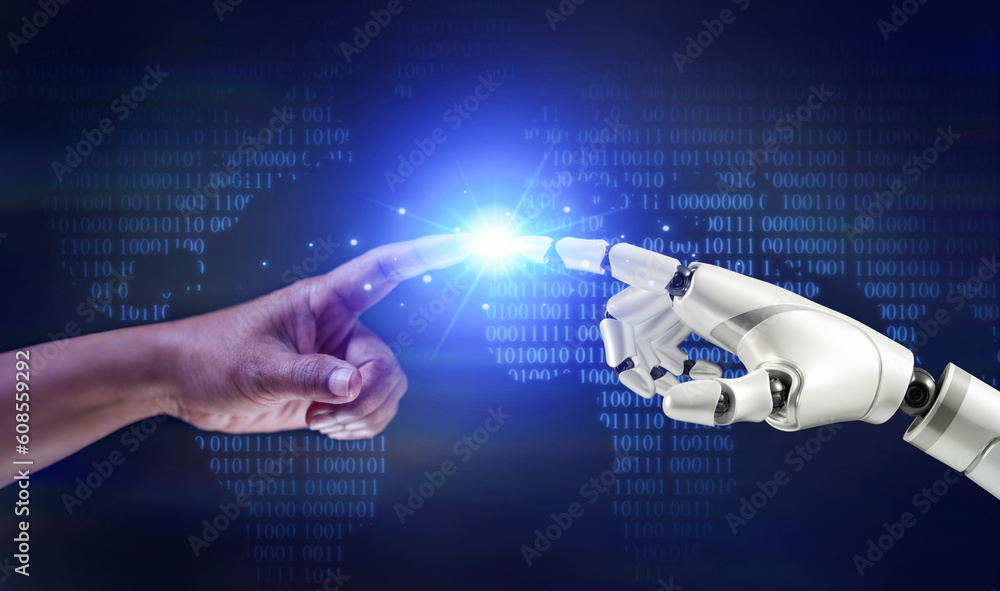 Poster robot and human hands touch and connect on binary code with global data background. smart al, machin