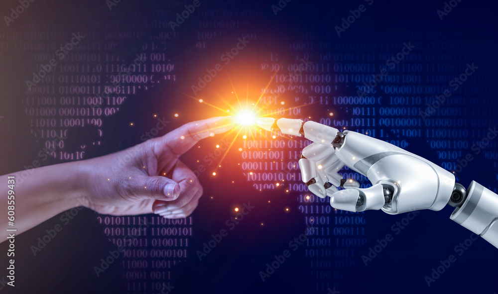 Poster robot and human hands touch and connect on binary code with global data background. smart al, machin