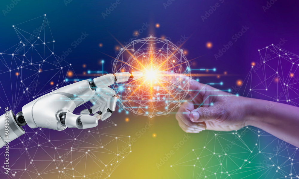 Poster al technology concept, machine learning, hands of robot and human touching to connect with global da