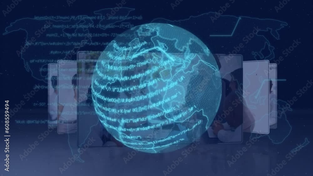Poster animation of data on globe over multiple businesspeople against map on abstract background