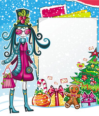 Christmas shopping theme: vector illustration of a pretty girl with Xmas bell, standing near the blank message board. lots of holiday decorations