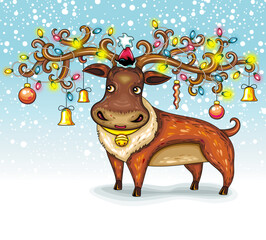 Cute Deer decorated with Holiday lights and Christmas Ornaments standing outside in the snow