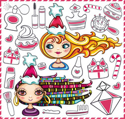 Christmas shopping theme: vector illustration of a pretty girls with beautiful hair and lots of Christmas presents for ladies