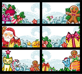 Christmas holiday horizontal compositions: Decorations, Presents, Christmas tree, gingerbread man, snowflakes, Santa, cat, Christmas stoking. place for your own text.