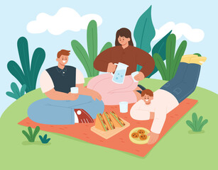 Happy family relaxing on picnic blanket in park. Dad, mom and son enjoy eating and drinking. Spending time together. Flat cartoon style vector illustration.