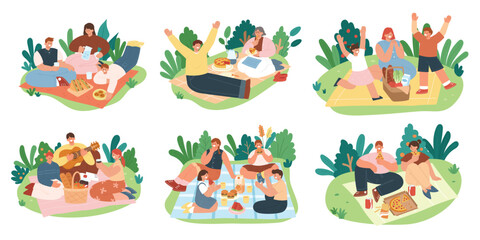 Picnic. Collection of happy people go outside for picnic, eating out, set of friends, family and couples having lunch. Flat cartoon style vector illustration isolated on white background. - obrazy, fototapety, plakaty