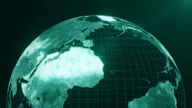 4k Seamless loop video of glowing and Futuristic rotating animation of earth globe on bottom middle side, Business and Technology blue green Background