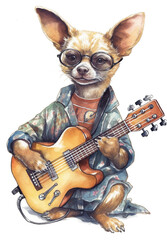 A painting of a dog playing a guitar. Generative AI.