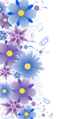 Fototapeta na wymiar floral background with blue flowers, leaves, ornament and butterflies