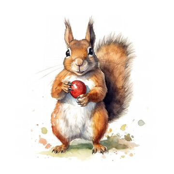 A watercolor painting of a squirrel holding an apple. Generative AI.