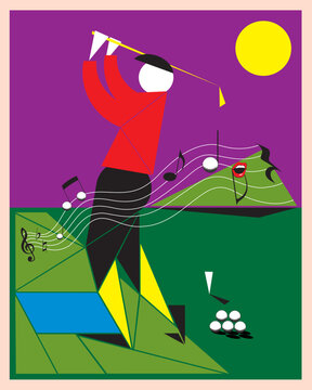 Illustration of a man which shot a ball on a golf course like a melody on a sunset